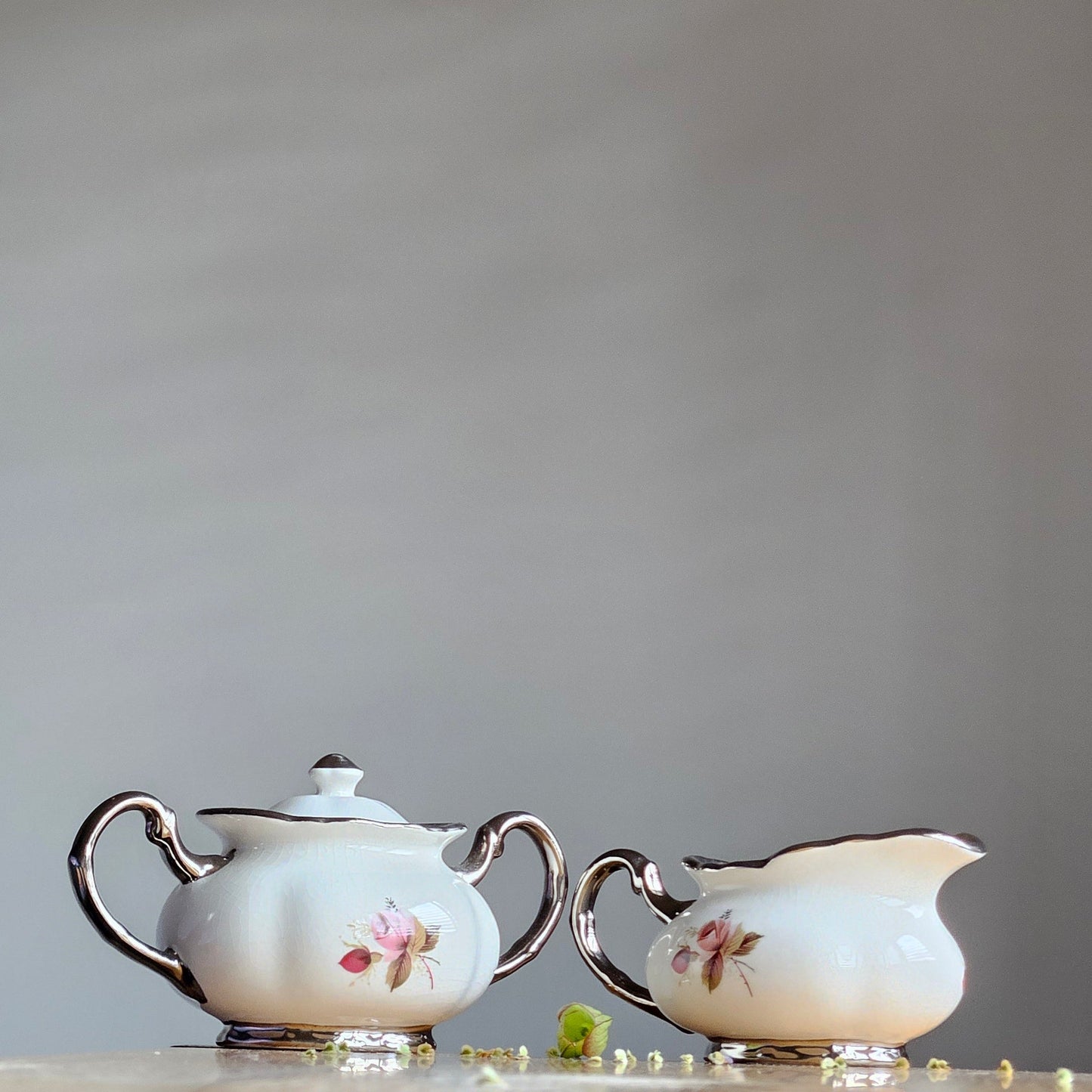 Vintage Price Kensington Hamilton Roses Silver trim England Sugar bowl & creamer