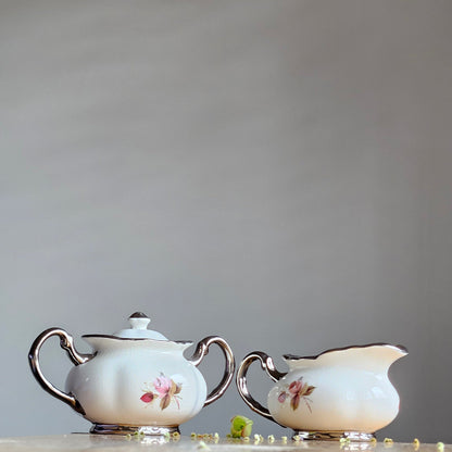Vintage Price Kensington Hamilton Roses Silver trim England Sugar bowl & creamer