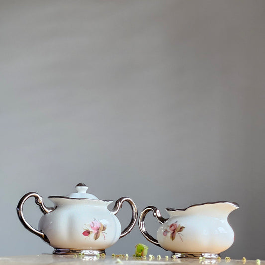 Vintage Price Kensington Hamilton Roses Silver trim England Sugar bowl & creamer