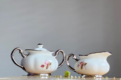 Vintage Price Kensington Hamilton Roses Silver trim England Sugar bowl & creamer