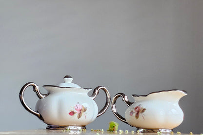 Vintage Price Kensington Hamilton Roses Silver trim England Sugar bowl & creamer