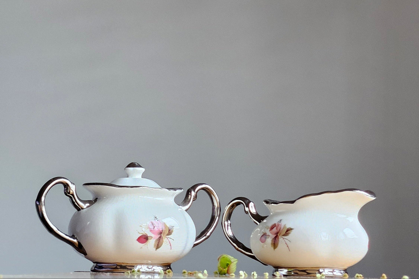 Vintage Price Kensington Hamilton Roses Silver trim England Sugar bowl & creamer