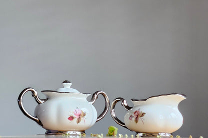 Vintage Price Kensington Hamilton Roses Silver trim England Sugar bowl & creamer