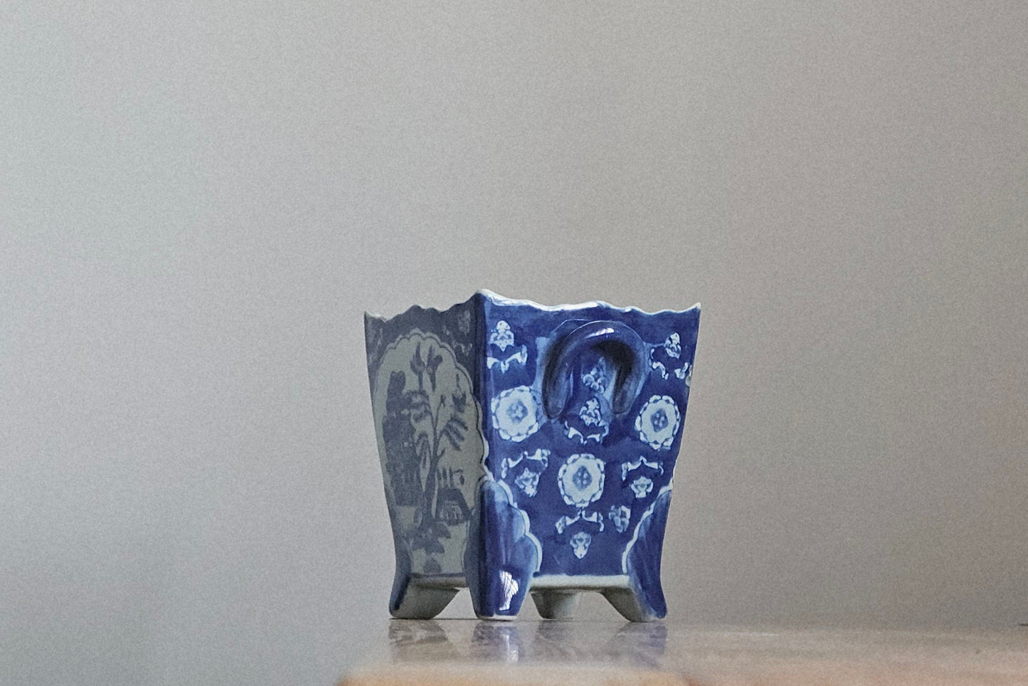 Vintage Chinese Hand Painted Blue and White Planter Set Signet to Base