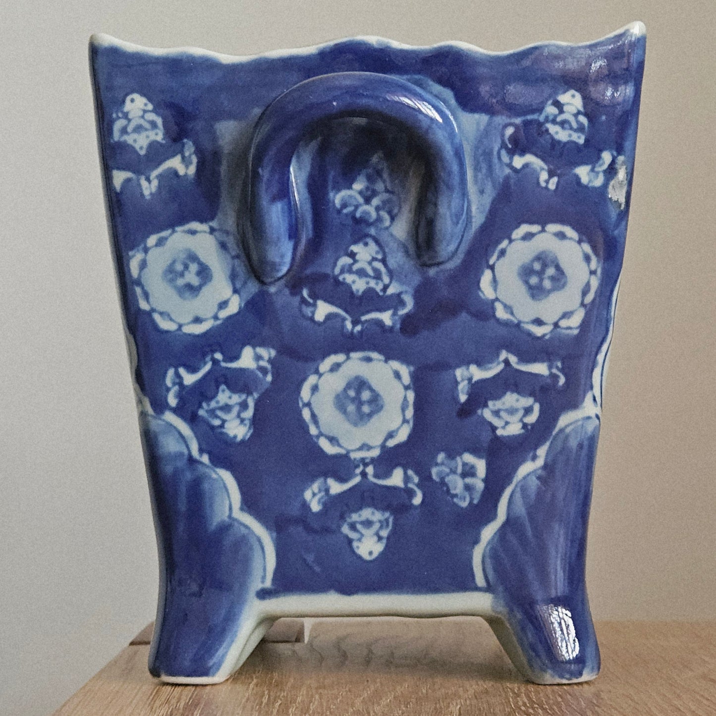 Vintage Chinese Hand Painted Blue and White Planter Set Signet to Base