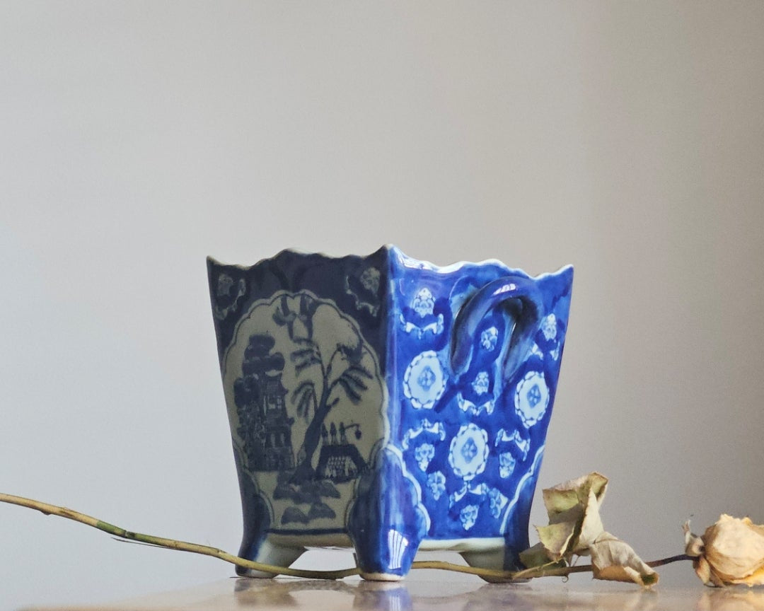 Vintage Chinese Hand Painted Blue and White Planter Set Signet to Base